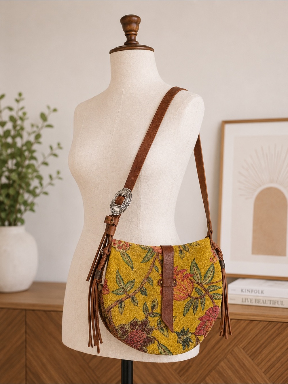 Boho Floral Tapestry Crossbody Bag Leather Fringe Concho Western Purse